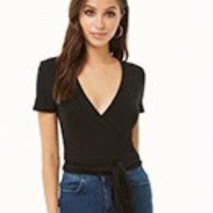 NWT Forever21 Surplice Tie-Hem Black Top